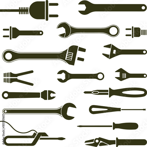 Minimalist black and white hand tools icon set with wrenches, screwdrivers, pliers and electrical plug symbols