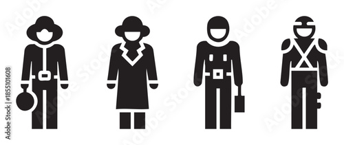 Professional occupation icons representing various careers and job roles in a minimalist black and white silhouette style for diverse industries.