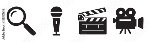 Magnifying glass microphone clapperboard film camera icons representing various aspects of media production, search, and communication in a simple graphic style.