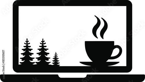 Laptop Coffee Pine Trees Silhouette