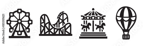 Amusement park rides and hot air balloon icons are displayed in a simple black and white graphic illustration representing fun and entertainment.