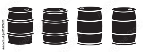 Four industrial oil barrels stand upright in a row, depicted as a simple black silhouette icon with white outlines, representing storage and industry.