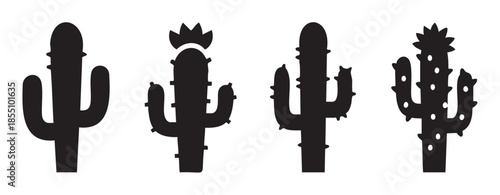 Four stylized black cactus silhouettes representing various desert plants, perfect for graphic design, web elements, or educational materials about arid environments and succulents.