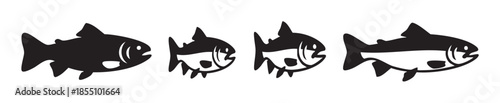 Four stylized fish icons in a row showcasing various graphic styles and silhouettes, perfect for aquatic animal representation and design elements.