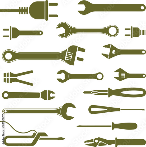 Minimalist black and white hand tools icon set with wrenches, screwdrivers, pliers and electrical plug symbols