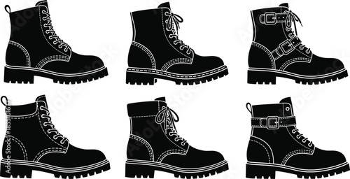 Black boots with laces and buckles in various angles and perspectives shoes footwear
