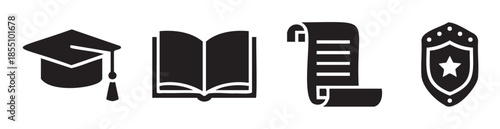 Academic and professional symbols representing education, knowledge, achievement, and security concepts in a clean, modern vector illustration.