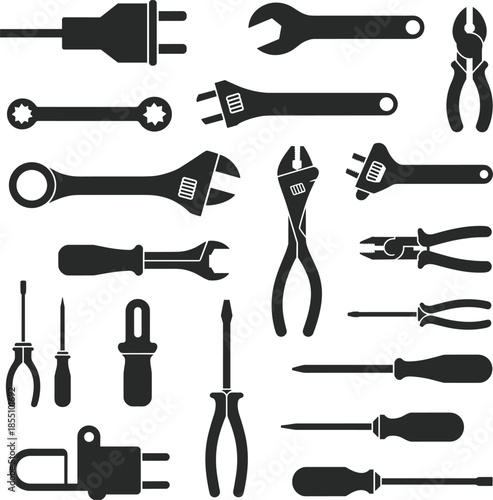 Minimalist black and white hand tools icon set with wrenches, screwdrivers, pliers and electrical plug symbols