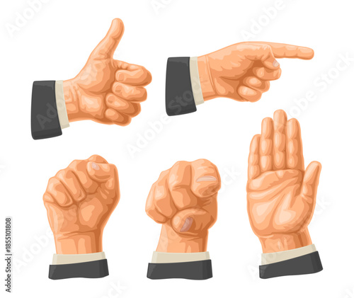 Male hand gesture in sleeve suit. Fist, Like, Pointing, Stop, finger at viewer from front. Vector color illustration isolated on a white