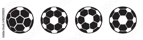 Four black and white soccer balls are arranged in a horizontal row, showcasing the classic polygonal pattern of the popular sports equipment.
