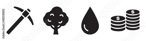 Pickaxe tree water money icons illustrate the concept of natural resources, their extraction, and the resulting economic wealth and industry.