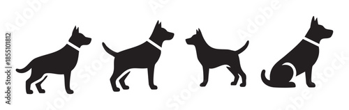 Four black dog silhouettes are presented in a collection, showcasing various poses such as standing and sitting, with some wearing collars.