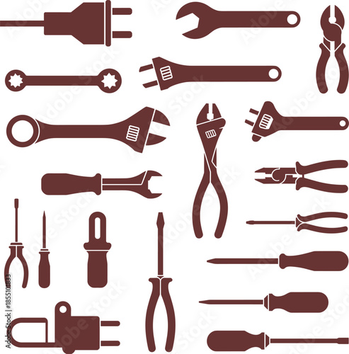 Minimalist black and white hand tools icon set with wrenches, screwdrivers, pliers and electrical plug symbols