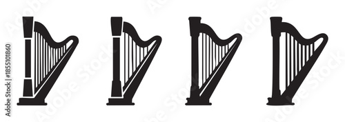 Four elegant harp instruments in a collection of black silhouette icons, representing classical music and traditional Irish culture with their distinctive stringed design.