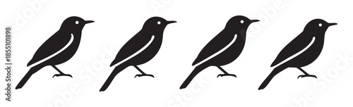 Four black bird silhouettes standing in a neat row, presented as simple minimalist vector illustrations with a clean, modern, and versatile graphic design.