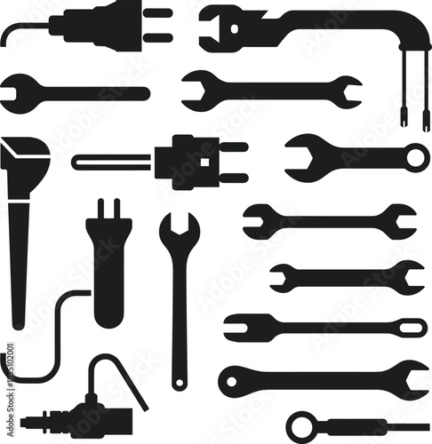 Minimalist black and white hand tools icon set with wrenches, screwdrivers, pliers and electrical plug symbols