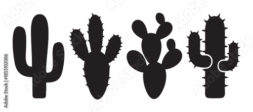 Four distinct cactus silhouettes representing various desert plants are arranged in a row, showcasing their unique shapes and iconic thorny features.