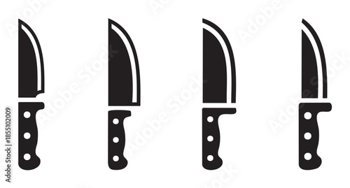Four black silhouette kitchen knives vector icon set illustrating various cutlery designs essential for cooking, food preparation, and culinary themes.