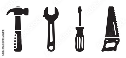 Hand tools icons set featuring hammer, wrench, screwdriver, and saw in a clean black silhouette style, representing construction, repair, and DIY concepts.