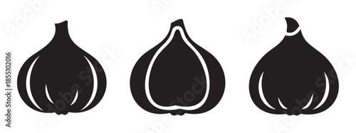Three stylized black garlic bulbs or onions are depicted in a simple vector illustration, perfect for culinary and cooking designs.