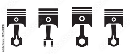 Four black engine pistons with connecting rods depicted as simple graphic icons, representing essential internal combustion engine components and automotive mechanics.