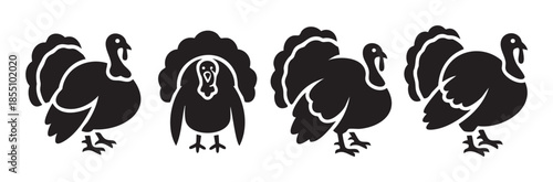 Four black silhouette turkey illustrations feature various poses and styles, perfect for holiday designs, farm animal themes, and autumn celebrations.