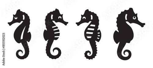 Four stylized black seahorse silhouettes are presented in a horizontal line, illustrating the graceful and distinctive shapes of these fascinating ocean creatures.