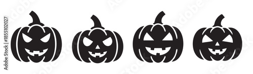 Four black silhouette jack-o'-lanterns with various carved faces are lined up, ready for Halloween festivities and spooky decorations.