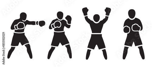 Four boxing fighters silhouettes demonstrating various poses and actions including punching, standing ready, and celebrating victory in a dynamic and iconic pictogram style.
