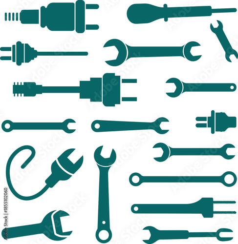 Minimalist black and white hand tools icon set with wrenches, screwdrivers, pliers and electrical plug symbols