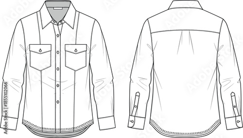 Men long sleeve button up shirt technical fashion flat sketch, front and back view apparel design illustration vector template