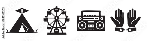 Various festival, camping, music, and event icons are depicted as bold black silhouettes, representing diverse leisure activities.