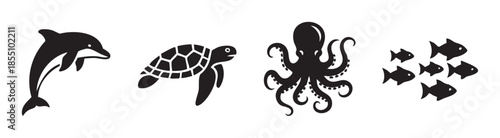 Marine animals, including a dolphin, turtle, octopus, and fish, are depicted as simple black silhouettes, representing diverse ocean life and aquatic wildlife.