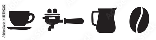 Coffee icons and symbols representing various aspects of brewing, serving, and enjoying the popular beverage in a minimalist graphic style.