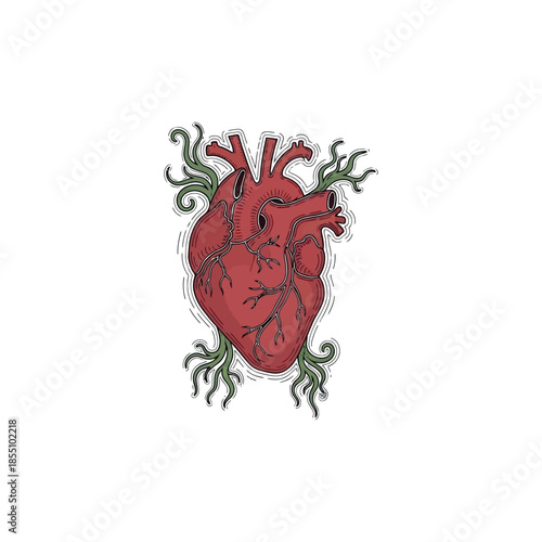 Anatomical Heart Illustration with Vines Emerging from Arteries and Veins