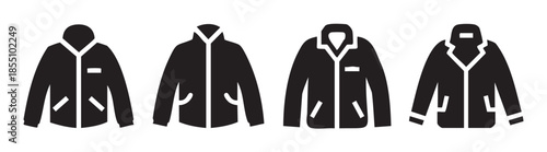 Various types of jackets and coats represented as minimalist graphic icons, illustrating different styles of outerwear apparel for fashion design.