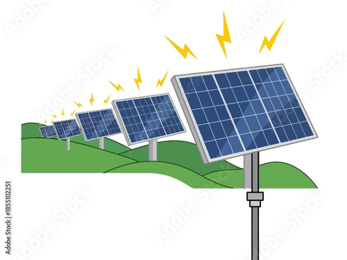 Solar panels generating electricity with lightning bolts representing energy production on a green hill