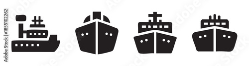Four different black silhouette ship icons representing various maritime vessels and water transportation concepts, ideal for navigation, travel, and logistics.