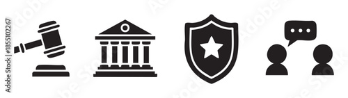 Law justice government security communication related icon set illustrates various aspects of legal systems, public safety, and societal interaction in a clear, modern graphic style.