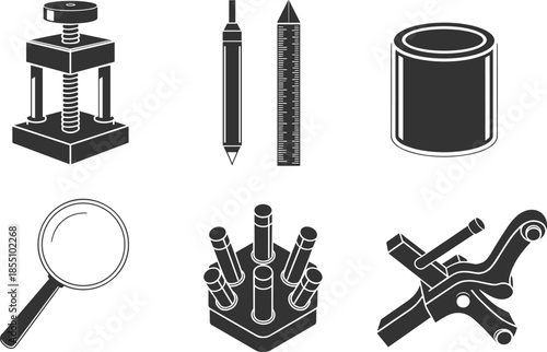 Black and white engineering and industrial tools icon set with measuring, manufacturing and mechanical equipment symbols illustration