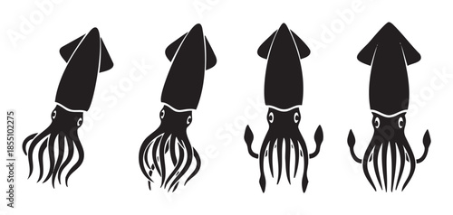 Four black squid silhouettes in various dynamic poses represent marine life and ocean creatures, perfect for graphic design elements and aquatic themes.