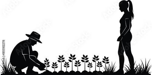 Man planting young crops while woman watches silhouette, symbolizing agriculture, teamwork, growth, sustainability and rural lifestyle on white background