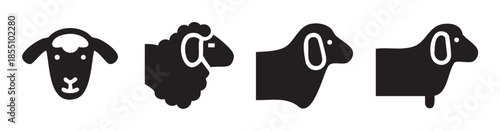Four distinct sheep and ram head and body silhouettes are presented as simple black vector icons, suitable for agricultural or farm-related designs.