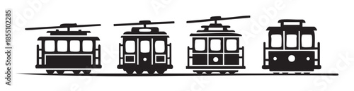 Four classic cable cars are depicted in a row as simple black silhouettes, showcasing various traditional designs of public transportation.