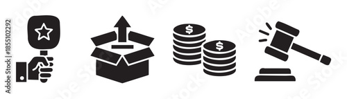 Auction and finance related icons illustrate essential concepts of bidding, delivery, currency, and legal judgment in a clear, modern style.