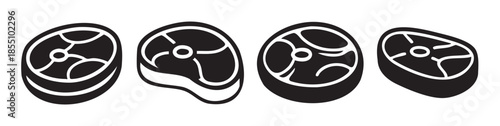 Four black meat cuts silhouettes with white outlines depicting various steak types, ideal for restaurant menus and food-related graphics.