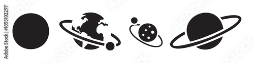 Celestial bodies and orbits vector icon set illustration showcasing various planets, moons, and their gravitational paths in a minimalist black and white design.