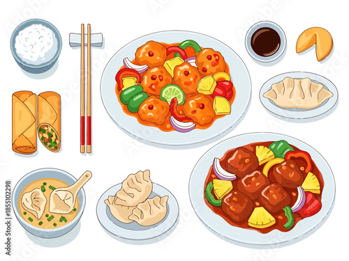 Asian Cuisine Food Set Collection Dumplings Spring Rolls Fried Rice Sweet and Sour Dishes Fortune Cookie Chopsticks