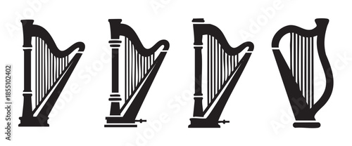 Four black silhouette harps musical string instruments are elegantly displayed in a row, showcasing their classic and iconic shapes with subtle design variations.