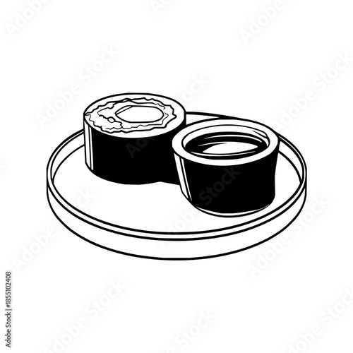 A black and white drawing of sushi pieces and a sauce container on a round plate illustration